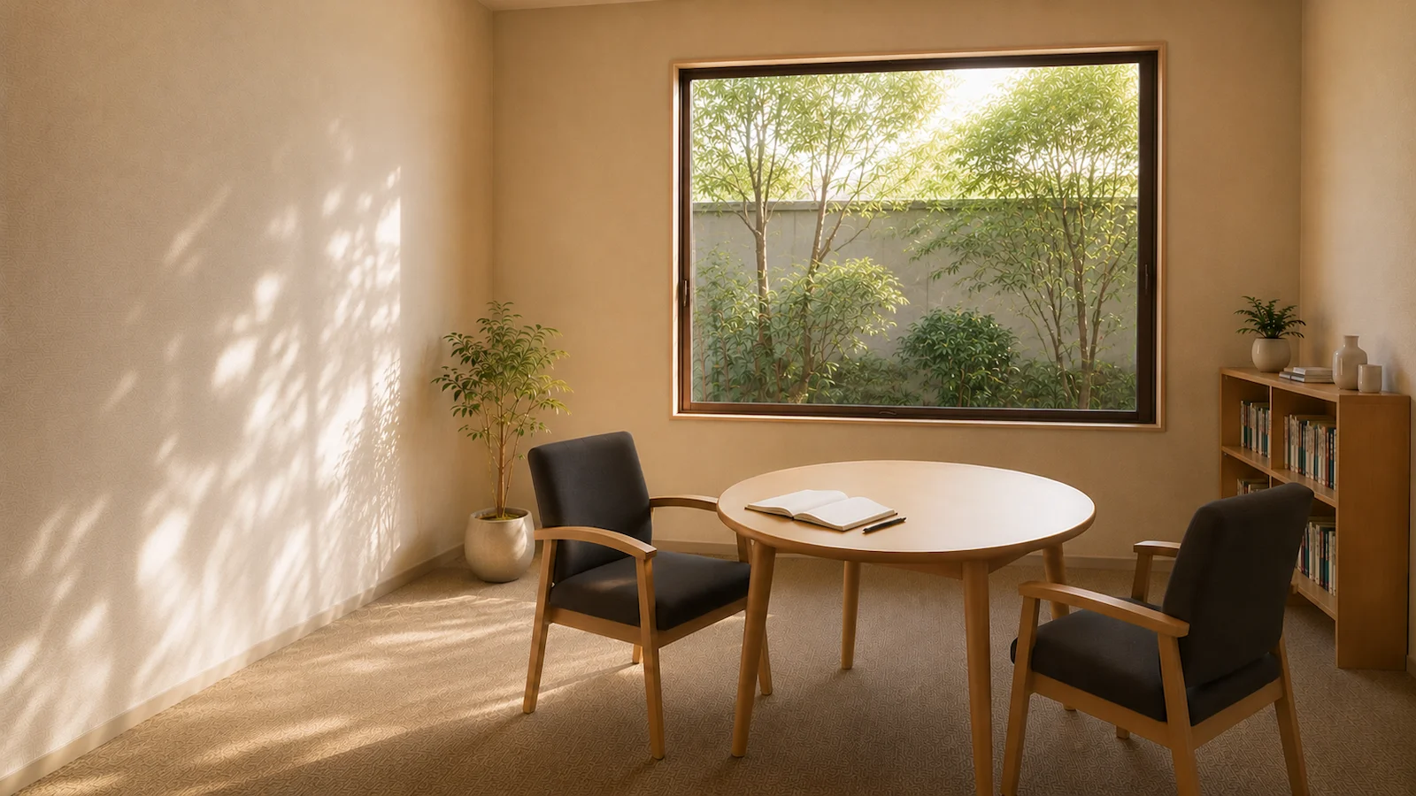 自然光が差し込む静かな部屋に、丸い木製テーブルと斜めに向き合う二脚の椅子が置かれている